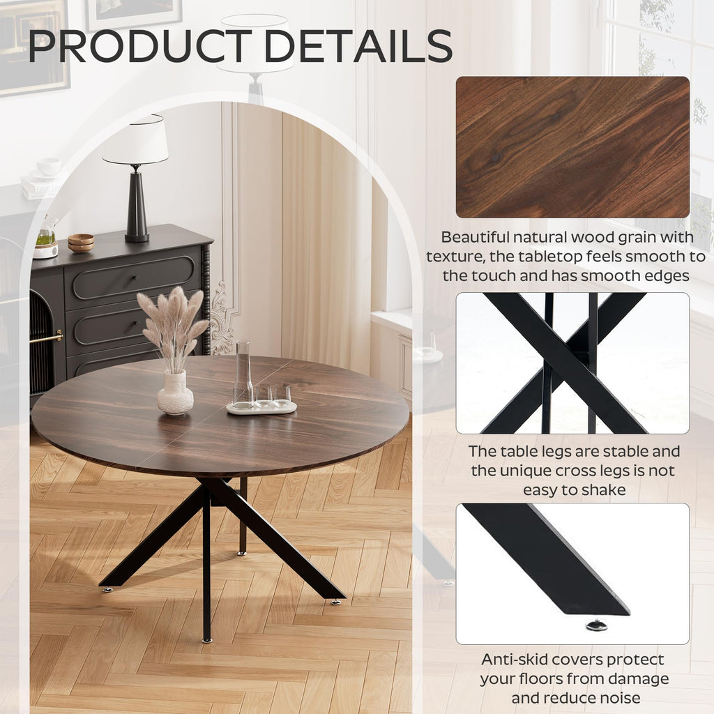 47" Walnut Round Dining Table Set for 4 with 4 Black Upholstered Chairs R8643