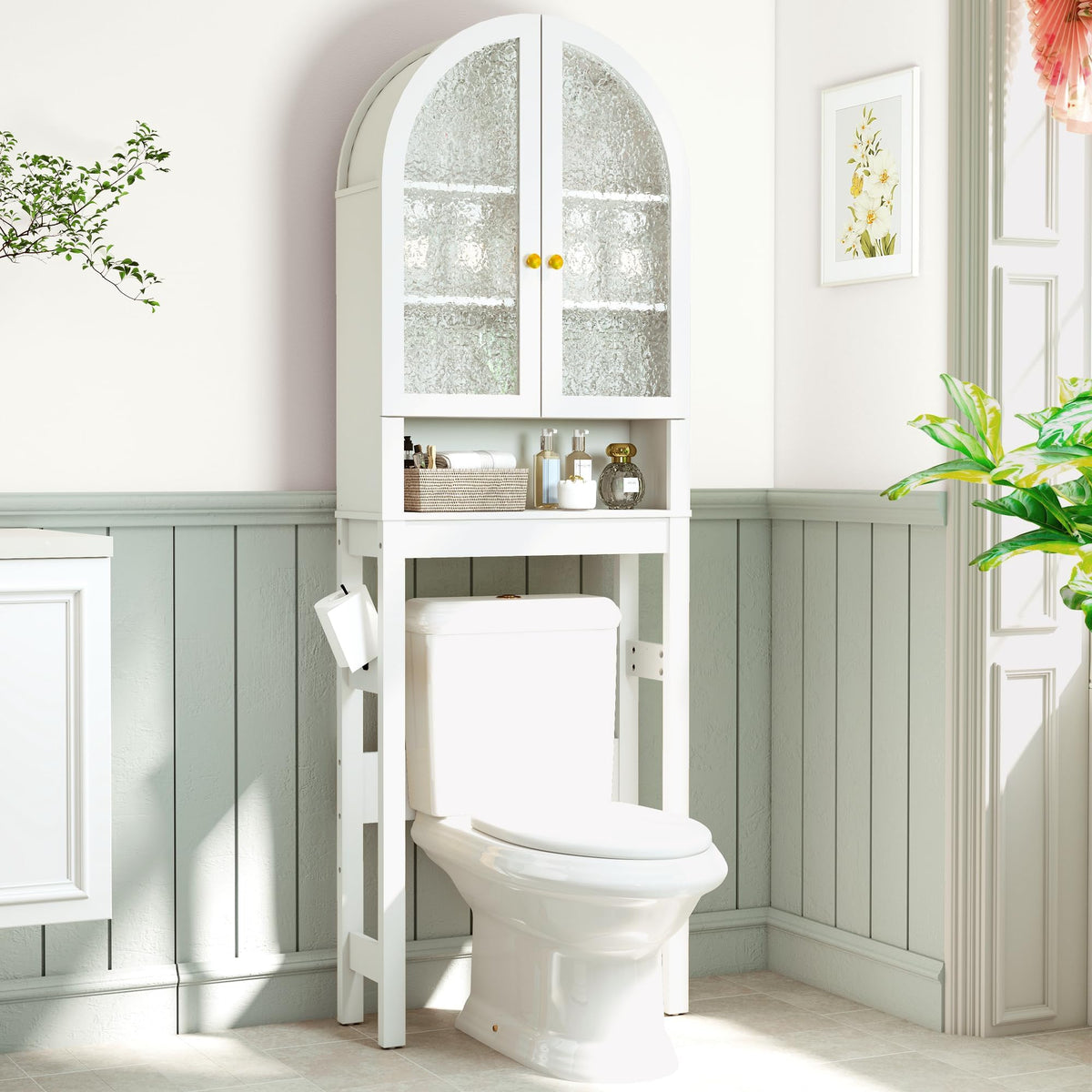 White Over The Toilet Storage Cabinet with Acrylic Doors and Adjustable Shelf I352363