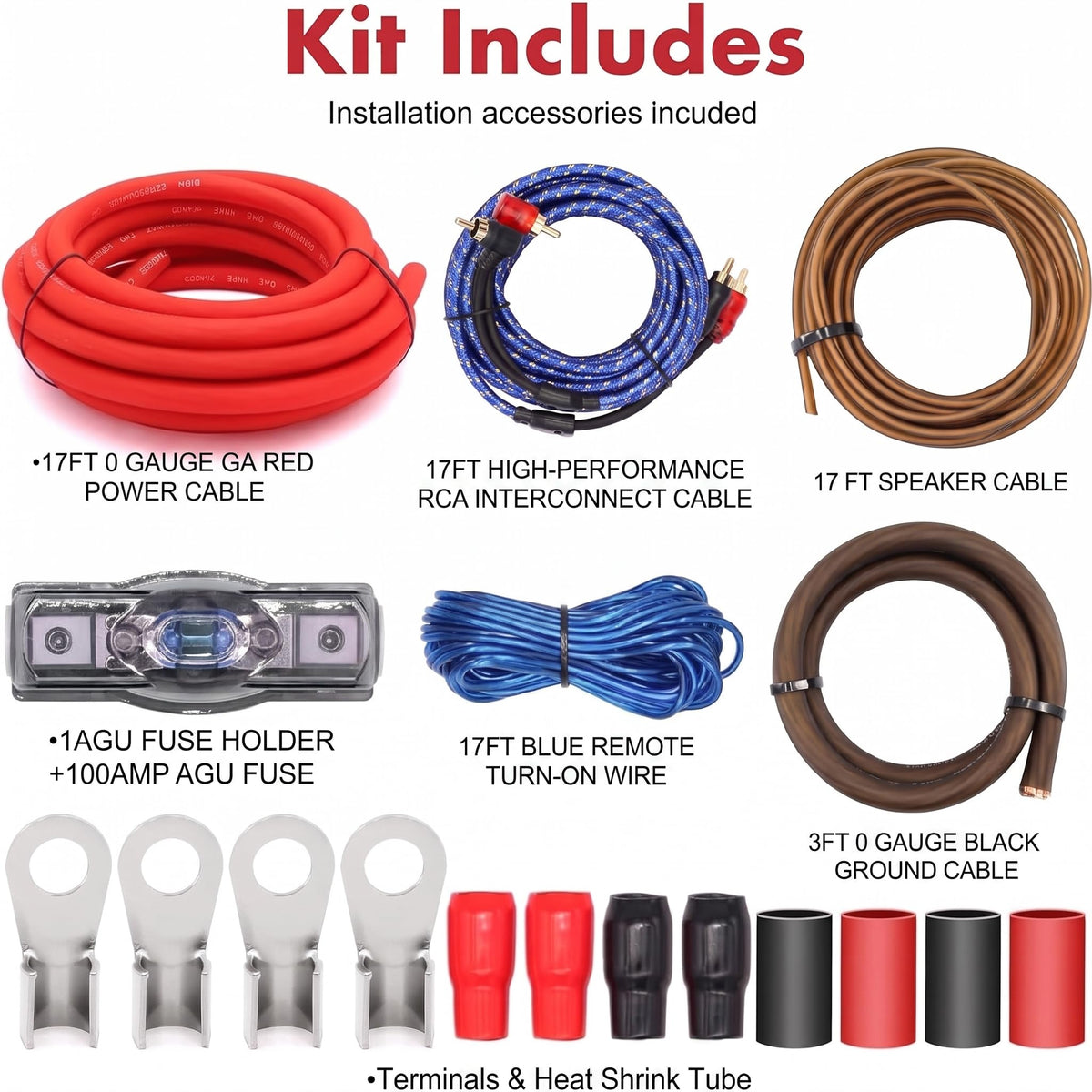 0 Gauge 3000W Amp Wiring Kit with 100A AGU Fuse I4322