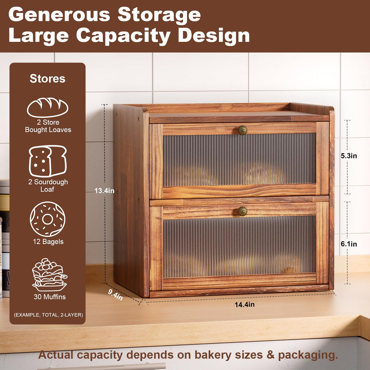 Large 2 Layer Wooden Bread Box with Window U1733