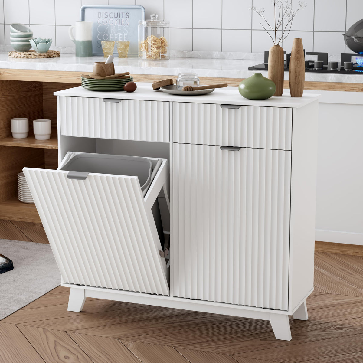 10 Gallon Tilt Out Trash Can Cabinet with Storage Drawer L50255