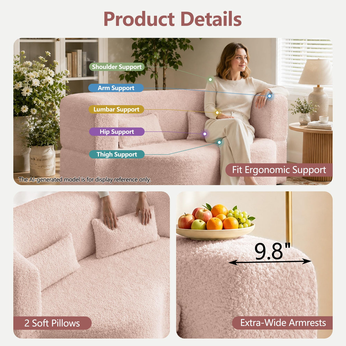 78" Pink Sherpa Futon Sofa Bed K2181