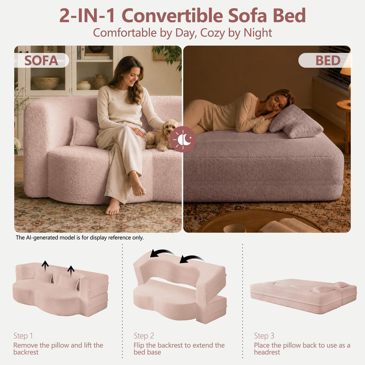 78" Pink Sherpa Futon Sofa Bed K2181