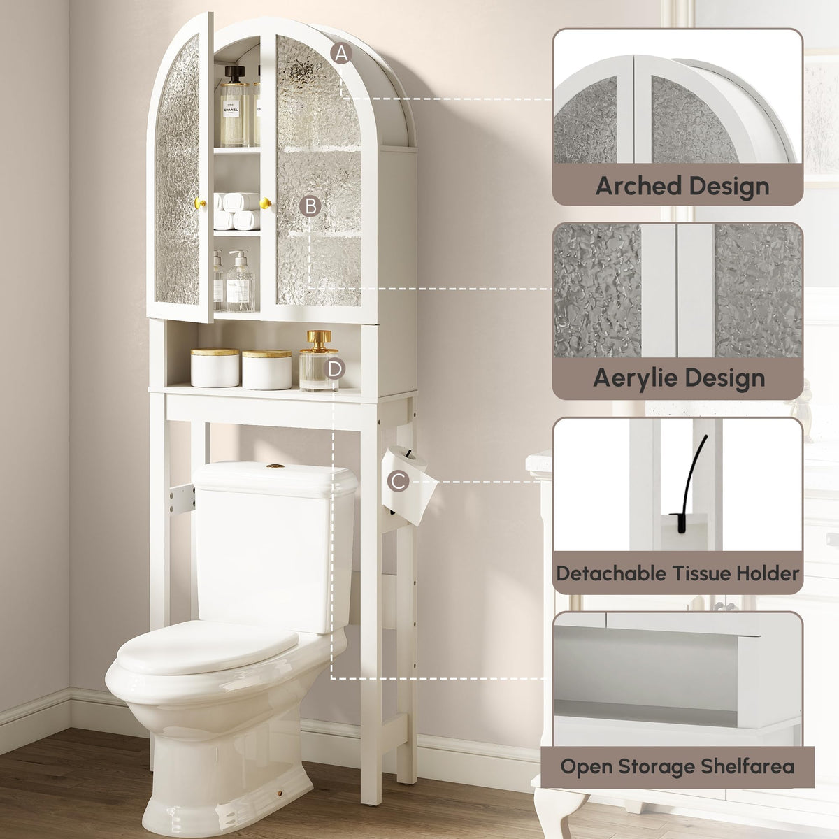 White Over The Toilet Storage Cabinet with Acrylic Doors and Adjustable Shelf I352363