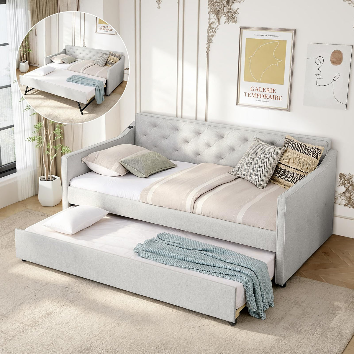 Twin to King Size Beige Daybed with Pop Up Trundle I409