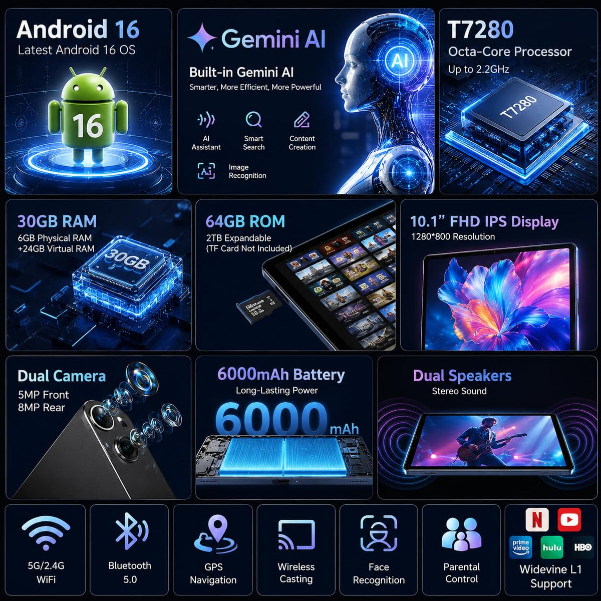 Black 10.1 inch Android 16 Tablet with Keyboard B991861
