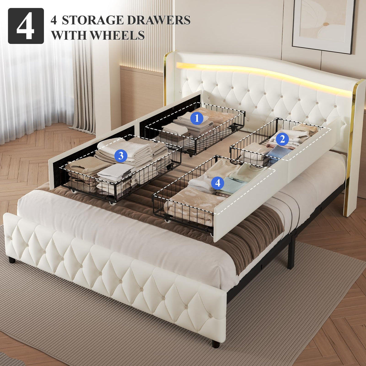 White Full Size Bed Frame with 4 Storage Drawers E4294
