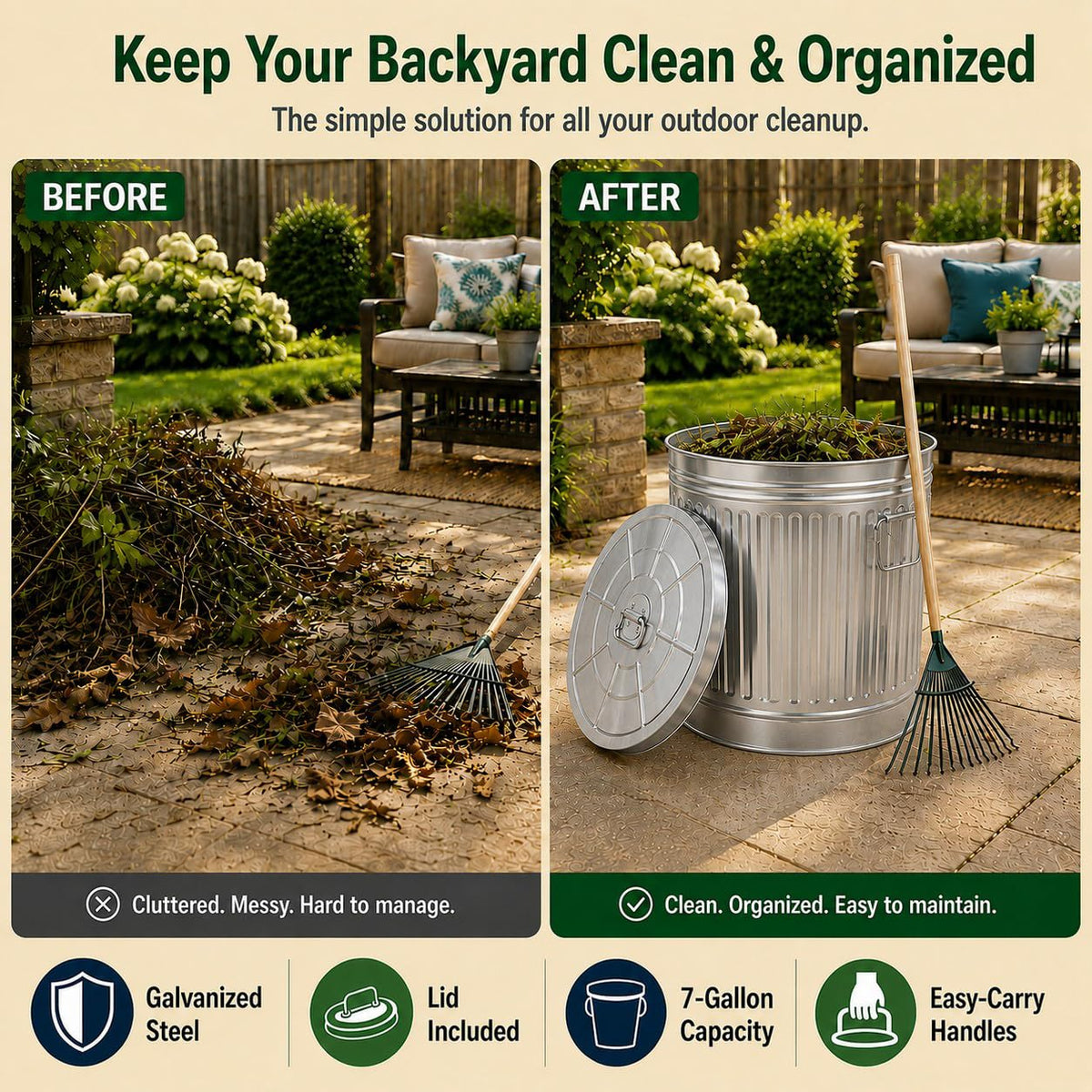 7 Gallon Galvanized Steel Trash Can with Lid B7994