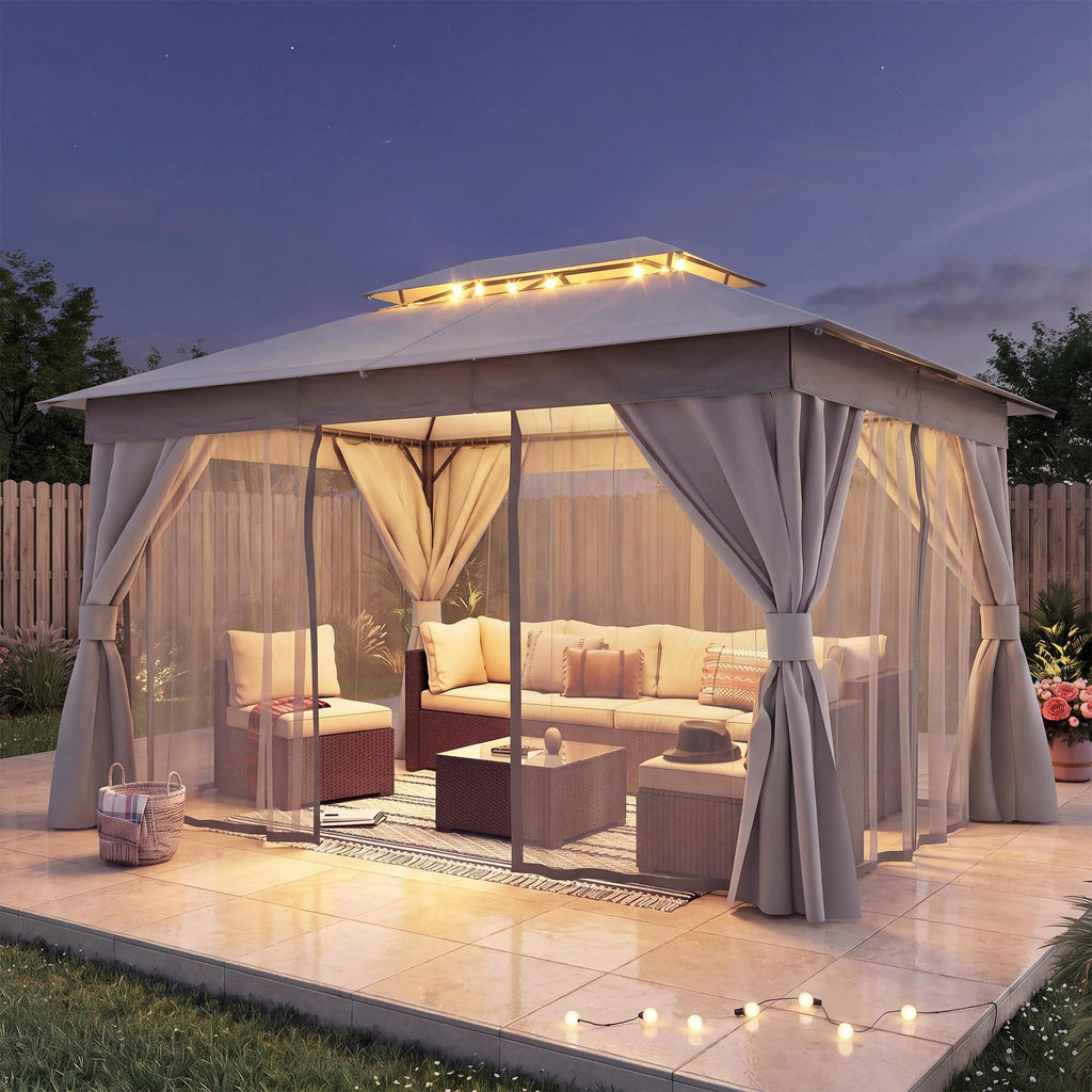 10x13 Gazebo Canopy with Netting, Curtains & Double Roof A449