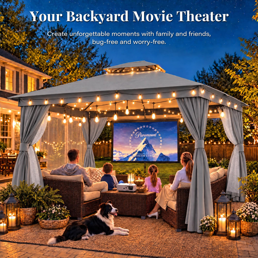 10x13 Gazebo Canopy with Netting, Curtains & Double Roof A449
