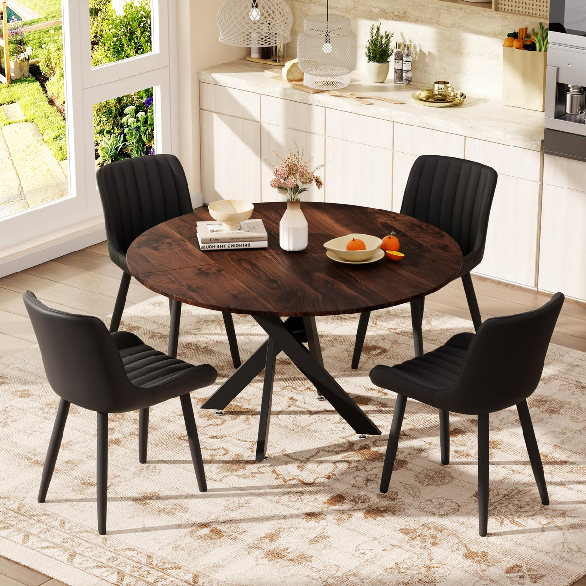47" Walnut Round Dining Table Set for 4 with 4 Black Upholstered Chairs R8643