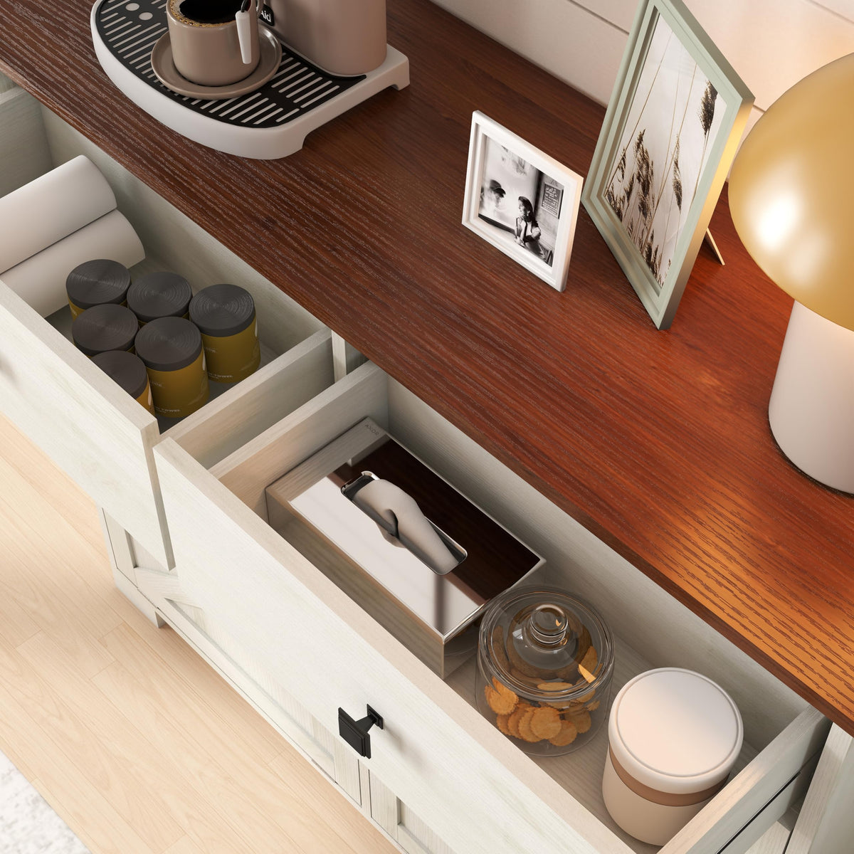 Double Tilt Out Trash Cabinet with Hideaway Drawer, Antique White E7972