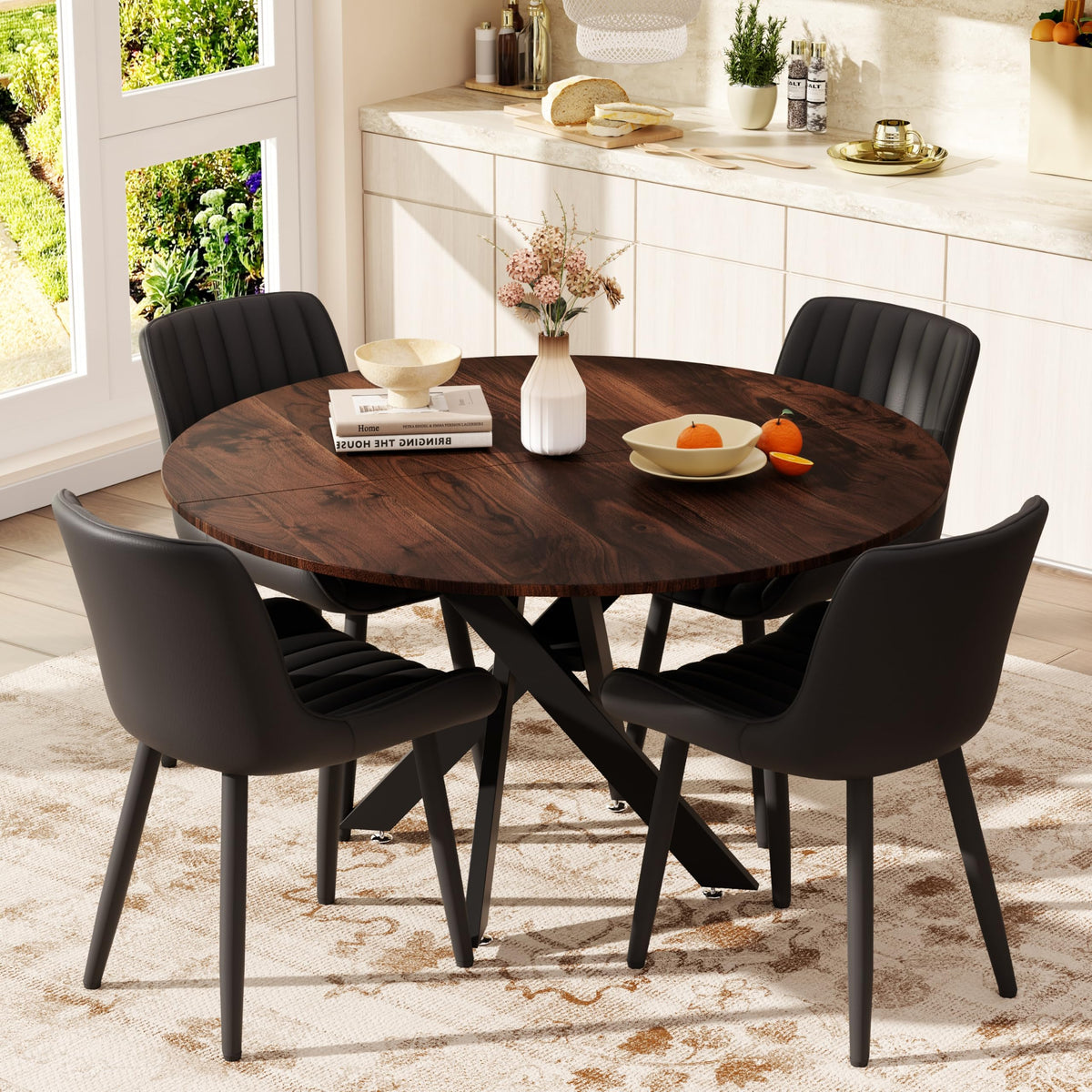 47" Walnut Round Dining Table Set for 4 with 4 Black Upholstered Chairs R8643
