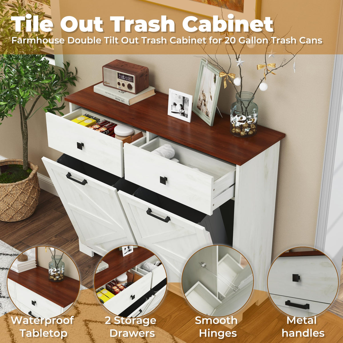 Double Tilt Out Trash Cabinet with Hideaway Drawer, Antique White E7972