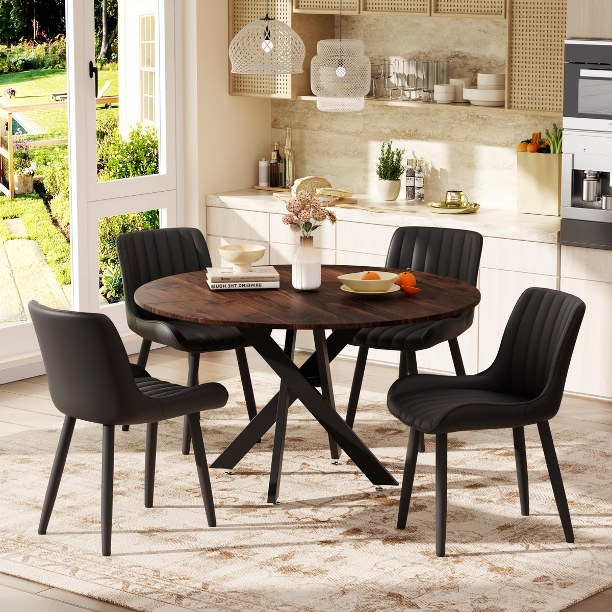 47" Walnut Round Dining Table Set for 4 with 4 Black Upholstered Chairs R8643