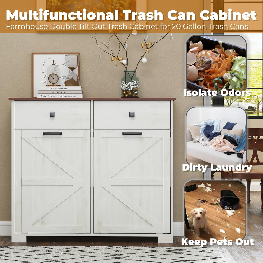 Double Tilt Out Trash Cabinet with Hideaway Drawer, Antique White E7972