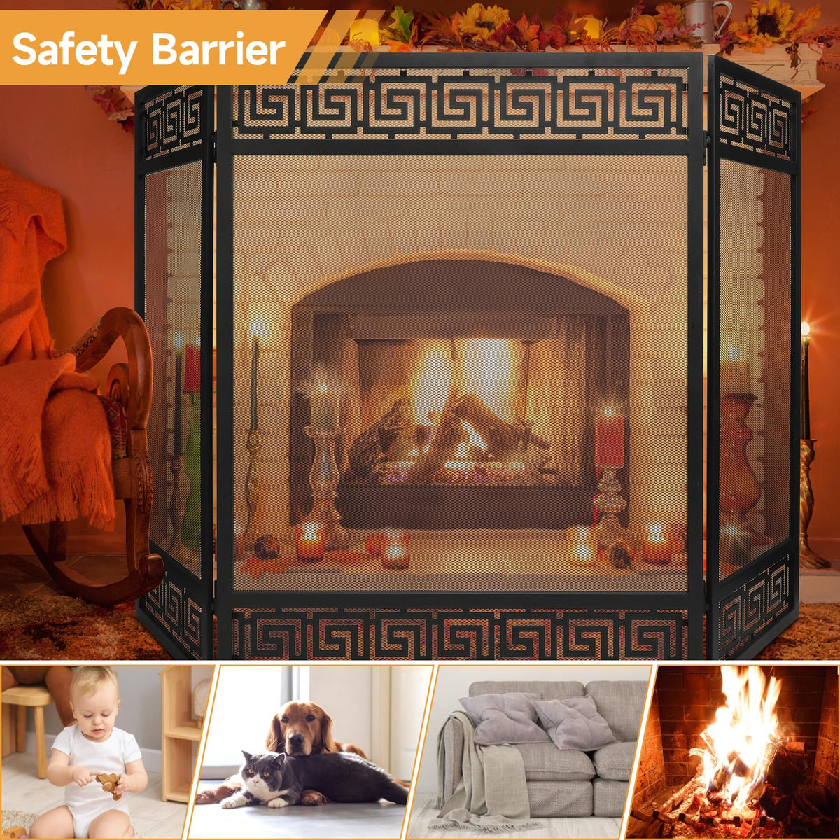 50"x32" 3 Panel Steel Fireplace Screen E400681